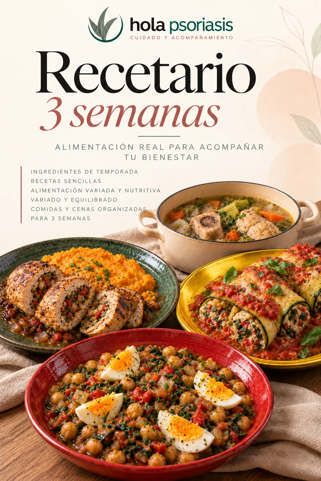 Portada del recetario estacional de 3 semanas con caldo, pollo relleno, canelones de calabacín en plato amarillo y garbanzos